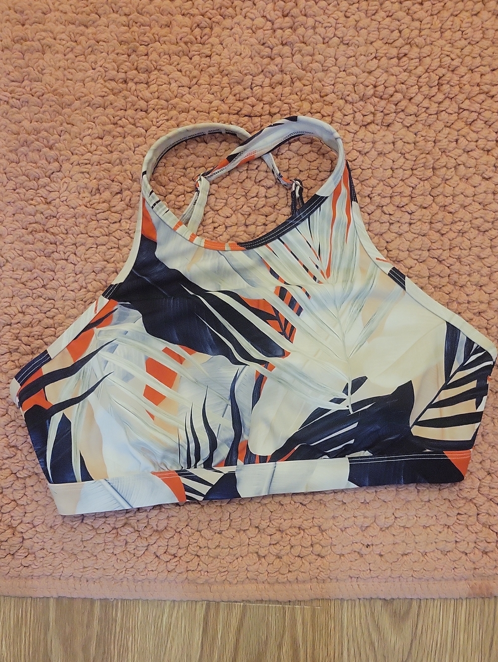 Athleta Tropical Palm Print High Neck Sports Bra - Orange, Navy, Cream